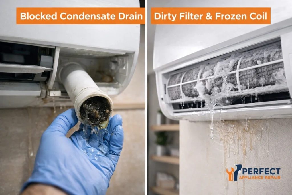 Blocked condensate drain line and frozen evaporator coil causing air conditioning water leak in Sydney home