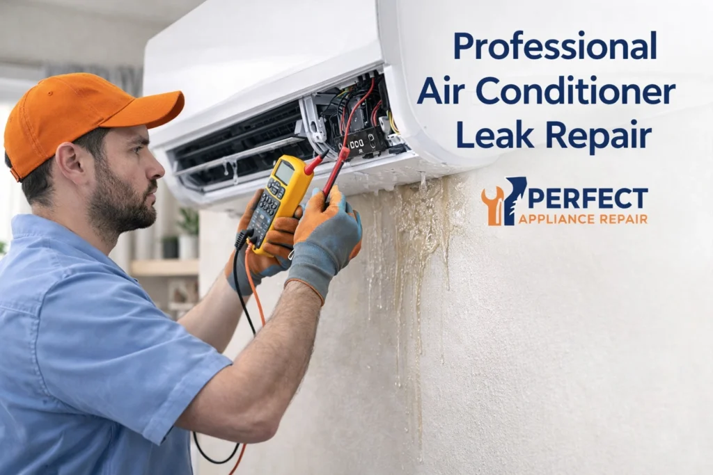 Licensed technician repairing leaking split system air conditioner in Sydney home