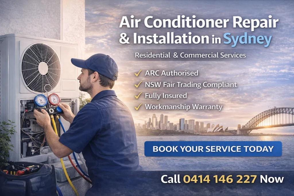 Professional technician servicing an outdoor AC condenser unit with Sydney skyline background. ARC authorised air conditioning repair and installation services. Call 0414 146 227.