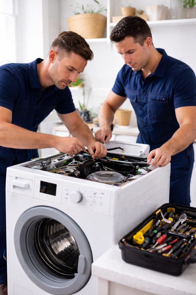 Emergency washing machine repair in Sydney by professional technician inspecting a front-load washer at home