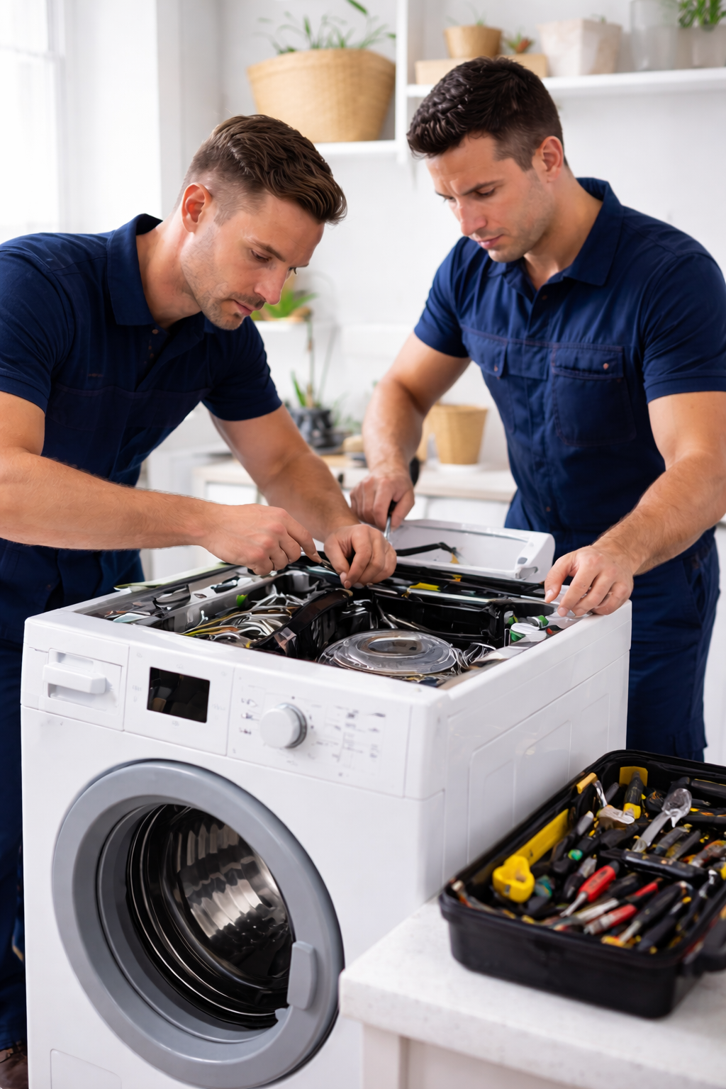 Emergency washing machine repair in Sydney by professional technician inspecting a front-load washer at home