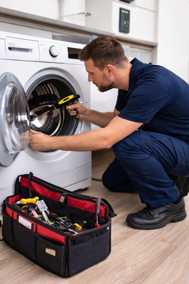 Same day washing machine repair Sydney by experienced appliance technicians working on washer