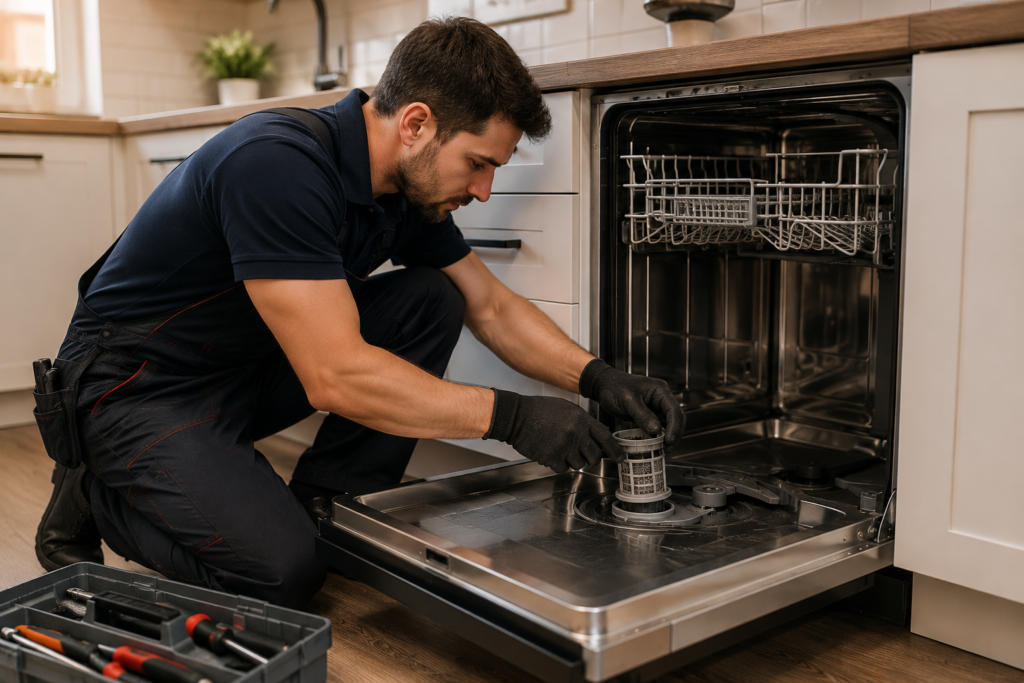 Technician removing and cleaning a dishwasher filter to fix drainage problems in Sydney.