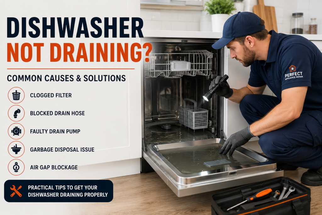 Appliance repair technician inspecting an open dishwasher during a repair service in Sydney.