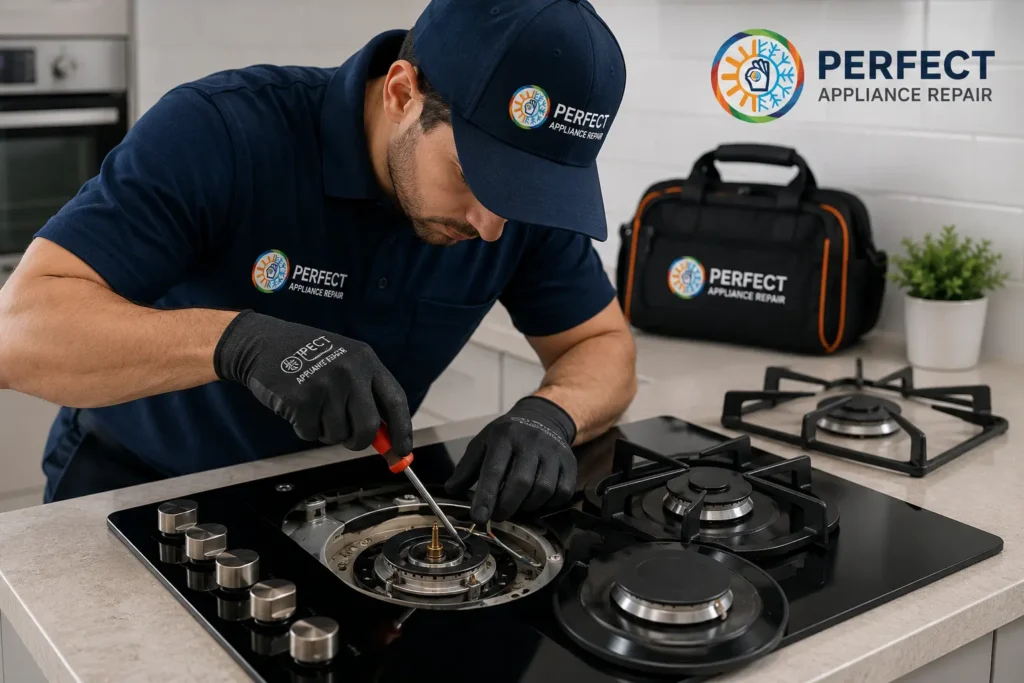 Cooktop repair technician servicing a gas cooktop in Sydney