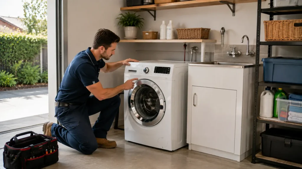 Washing machine repair in an Australian garage laundry