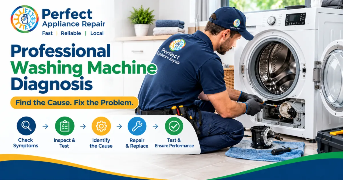 Professional technician diagnosing a washing machine drainage and spinning problem in Sydney