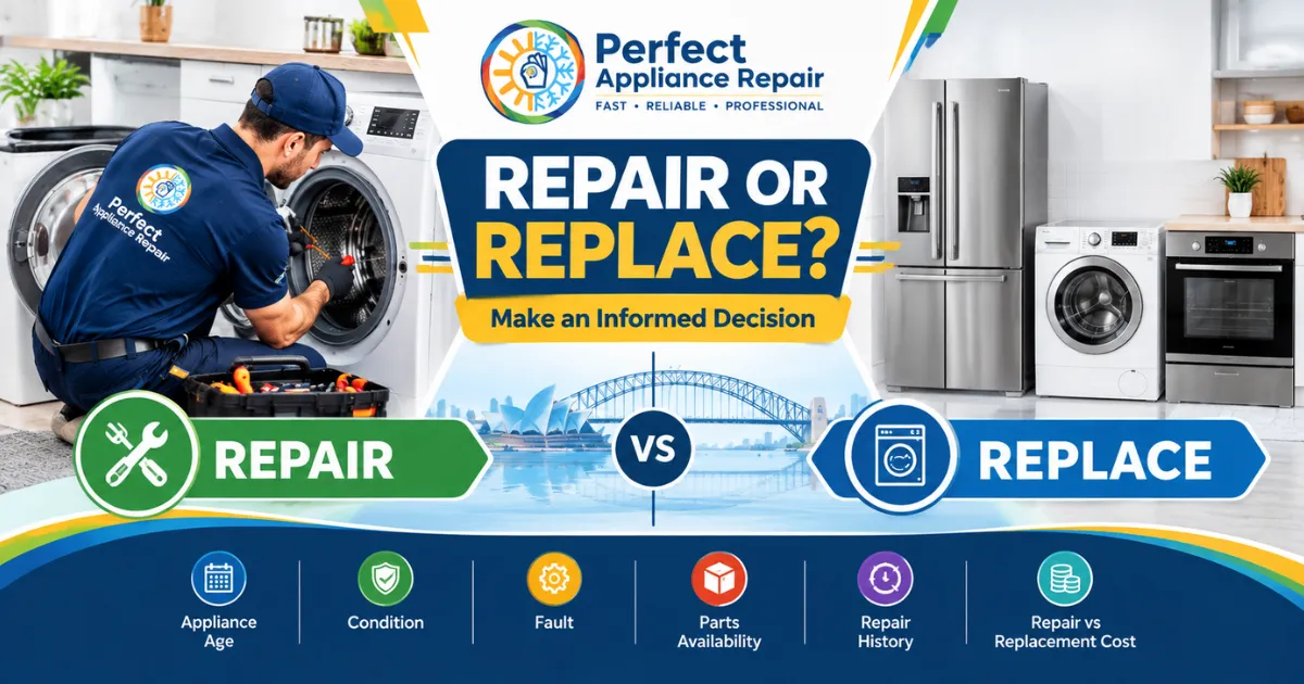 Technician assessing whether a household appliance should be repaired or replaced in Sydney
