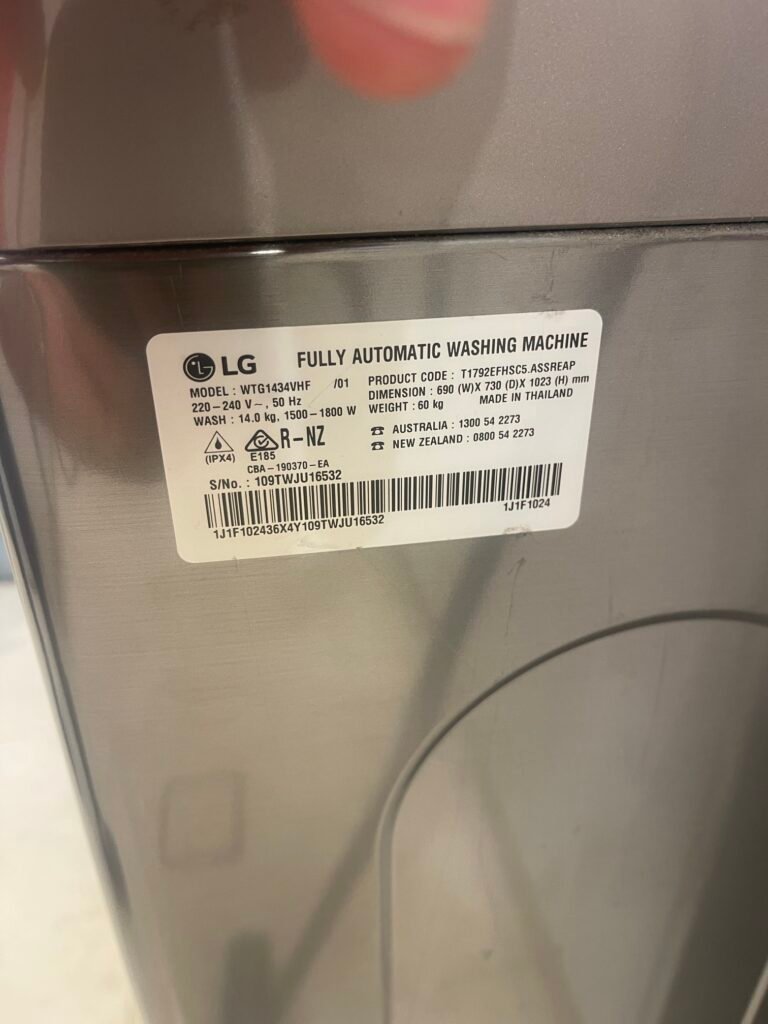 LG WTG1434VHF washing machine model label for repair in Auburn, Sydney