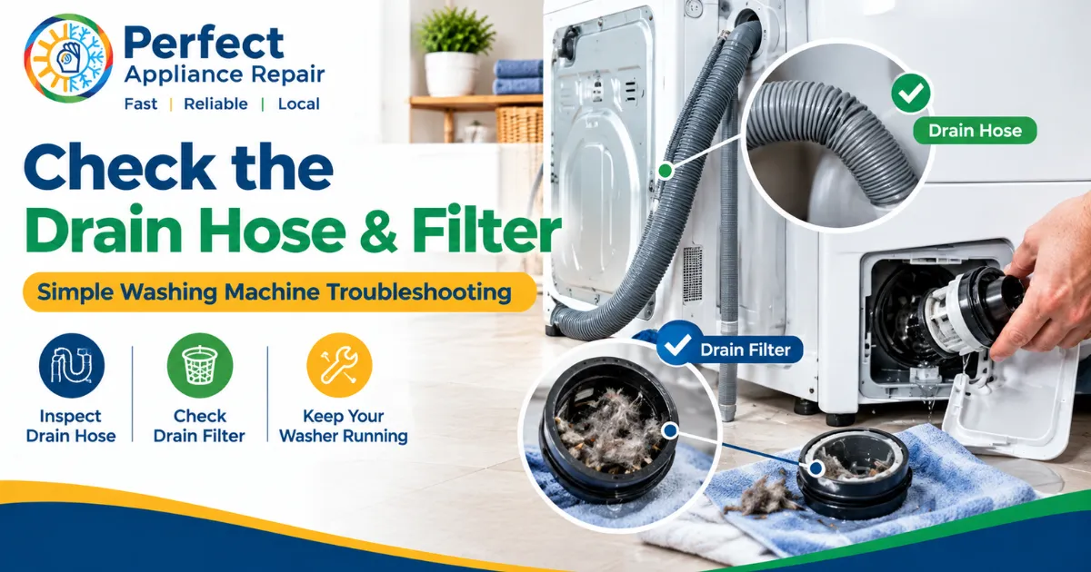 Washing machine drain hose and accessible drain filter inspection for troubleshooting drainage problems in Sydney